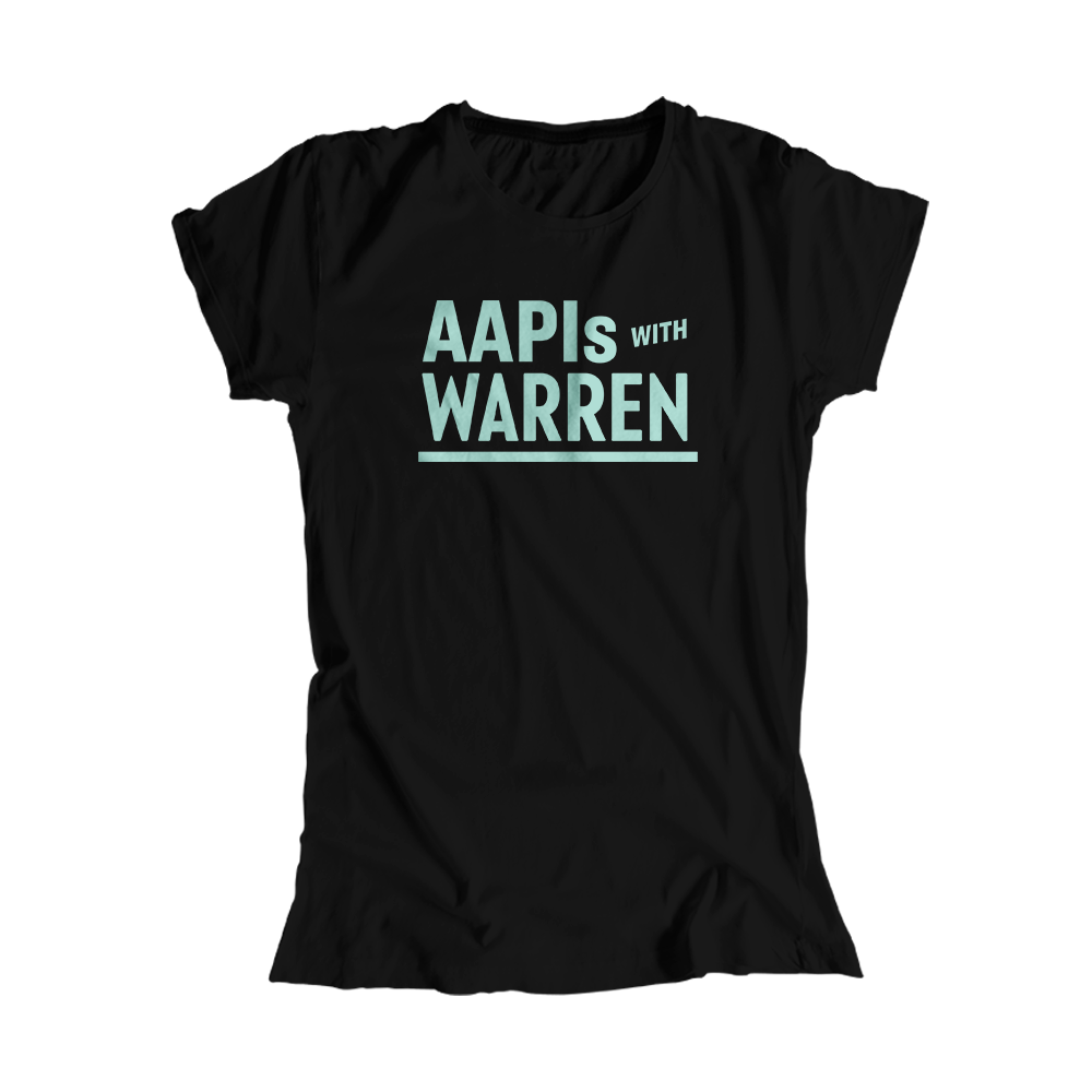 AAPIs with Warren Black Fitted T-shirt with Liberty Green type. (4455157727341) (7431624065213)