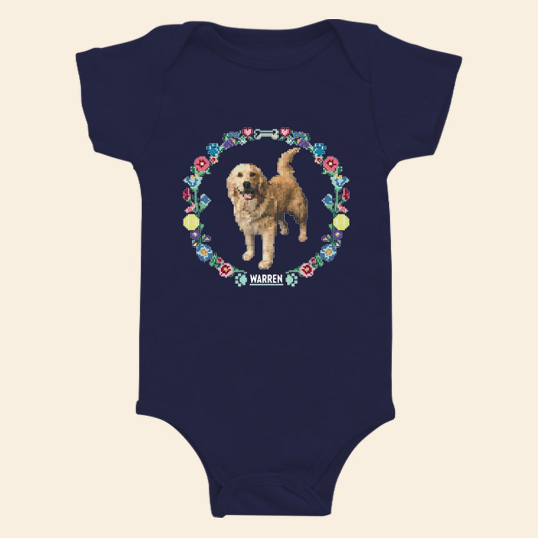 Navy onesie featuring the a cross stitch style print of Bailey. (4407619223661) (7431626260669)