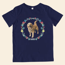 Load image into Gallery viewer, Navy youth t-shirt featuring cross stitch style prints of Bailey. (4407626924141) (7431627014333)