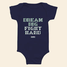 Load image into Gallery viewer, Navy onesie featuring a cross stitch style print of the phrase, Dream Big, Fight Hard. (4407619223661) (7431626260669)