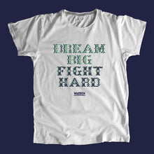Load image into Gallery viewer, Gray unisex t-shirts featuring a cross stitch style print of the phrase: Dream Big, Fight Hard. (4421574688877) (7431682523325)
