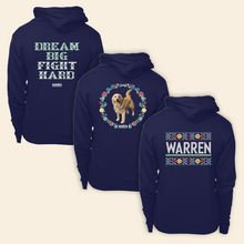 Load image into Gallery viewer, Back view of all three Cross Stitch Print Hoodies. Featuring cross stitch style prints of Bailey, the phrase &quot;Dream Big, Fight Hard, and the classic Warren Logo.  (4421406851181) (7432803745981)