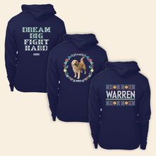 Load image into Gallery viewer, Back view of all three Cross Stitch Print Hoodies. Featuring cross stitch style prints of Bailey, the phrase "Dream Big, Fight Hard, and the classic Warren Logo.  (4421406851181) (7432803745981)