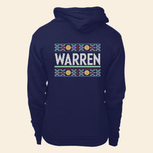 Load image into Gallery viewer, Back view of hoodie featuring a cross stitch style print of the classic Warren logo. (4421406851181) (7432803745981)