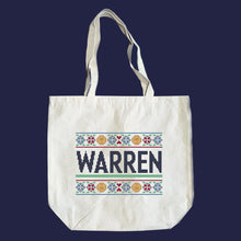 Load image into Gallery viewer, Natural canvas tote featuring a cross stitch style print of the classic Warren logo.  (4407646486637) (7431626621117)
