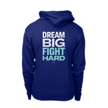 Load image into Gallery viewer, Dream Big, Fight Hard Navy hoodie with white and liberty green print. (1506799779949) (7433842753725)