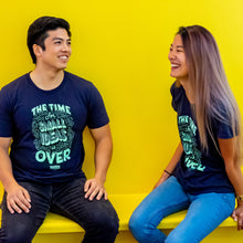 Load image into Gallery viewer, Two Warren staff wearing the navy The Time For Small Ideas Is Over shirt.  (4042752065645) (7433024602301)