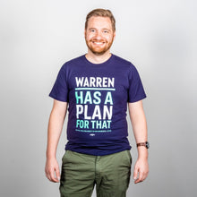 Load image into Gallery viewer, Warren Has a Plan for That Unisex T-Shirt on model.  (1623859789933) (7431623442621)