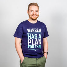Load image into Gallery viewer, Warren Has a Plan for That Unisex T-Shirt on model.  (1623859789933) (7431623442621)