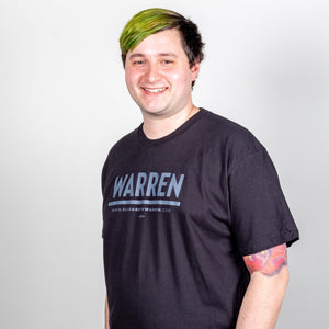 Warren Minimalist Unisex Black T-shirt with Black font on model.  (1519734849645) (7433026207933)