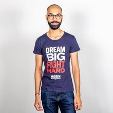 Load image into Gallery viewer, Dream Big, Fight Hard Fitted Navy T-shirt with White and Red Text on Model. (1518922530925) (7431682818237)