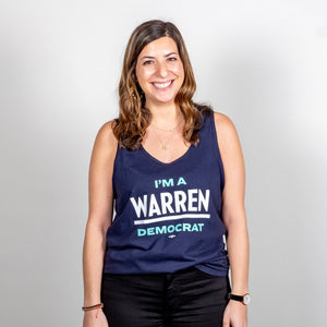 I'm A Warren Democrat Unisex Navy Tank with Liberty Green and White Text on model. (1678478377069) (7431621607613)