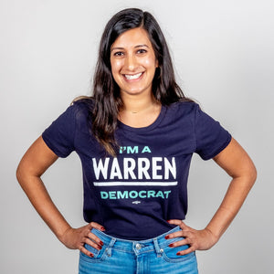 I'm A Warren Democrat Fitted Navy T-Shirt with White and Liberty Green Text on smiling model. (1678479949933) (7431621443773)