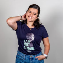 Load image into Gallery viewer, I Am Not Afraid Fitted Navy T-Shirt featuring an image of Elizabeth Warren on model. (3961420611693) (7432138948797)