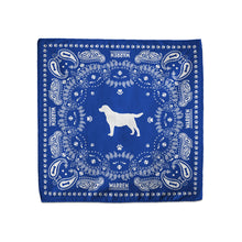 Load image into Gallery viewer, Blue bandana featuring a silhouette of Bailey encircled with a paisley print made of tennis balls, dog bones and paw prints. (1518887338093) (7431678755005)