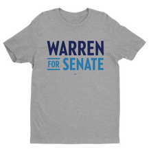 Load image into Gallery viewer, Heather gray unisex t-shirt with the Warren for Senate logo in navy and mid-blue (7456194363581)
