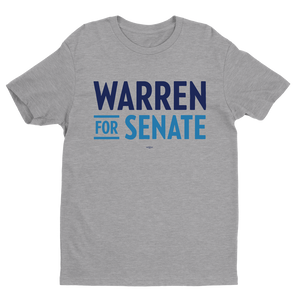 Heather gray unisex t-shirt with the Warren for Senate logo in navy and mid-blue (7456194363581)