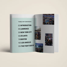 Load image into Gallery viewer, Table of contents from the "Only Righteous Fights" speech collection showing the chapters alongside a page with photos from the campaign trail (6134957047997)