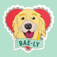 Load image into Gallery viewer, Valentine Heart Stickers featuring Bailey the dog with a banner that reads: Bae-ly. (4487358480493)