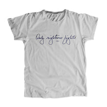 Load image into Gallery viewer, Platinum gray unisex t-shirt with the phrase "only righteous fights" in navy in Elizabeth Warren's handwriting (6085868060861) (7431622099133)