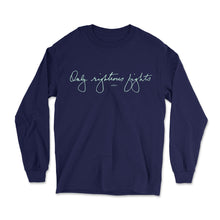 Load image into Gallery viewer, Navy long sleeve unisex t-shirt that says &quot;only righteous fights&quot; in liberty green in Elizabeth Warren&#39;s handwriting (6085900337341) (7431621705917)
