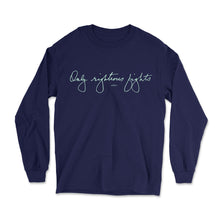 Load image into Gallery viewer, Navy long sleeve unisex t-shirt that says "only righteous fights" in liberty green in Elizabeth Warren's handwriting (6085900337341) (7431621705917)