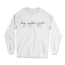 Load image into Gallery viewer, White long sleeve unisex t-shirt that says "only righteous fights" in navy in Elizabeth Warren's handwriting (6085900337341) (7431621705917)