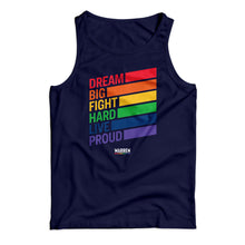 Load image into Gallery viewer, Navy unisex tank with the words, dream big fight hard live proud, stacked at left in each color of the rainbow with a band of color following each word (1642429120621) (7431682031805)