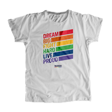 Load image into Gallery viewer, Platinum gray unisex tank with the words, dream big fight hard live proud, stacked at left in each color of the rainbow with a band of color following each word (1664115245165) (7431681736893)