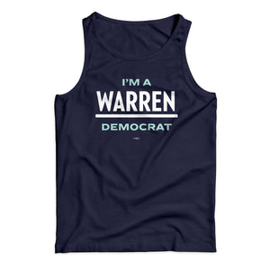 Navy unisex tank with the phrase, I'm a Warren Democrat. Warren is the Warren logo in white and "I'm a" and "Democrat" are in liberty green the logo (1678478377069) (7431621607613)