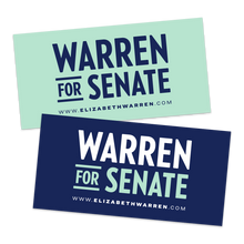 Load image into Gallery viewer, Two Warren for Senate bumper stickers. One is liberty green with the navy blue Warren for Senate logo and the url www.elizabethwarren.com beneath it. One is navy with the Warren for Senate logo in white and liberty green with the url www.elizabethwarren.com beneath it (7456526205117)