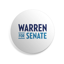 Load image into Gallery viewer, White 2.25 inch button with &quot;Warren for Senate&quot; logo in navy and mid-blue (7456525779133)