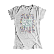Load image into Gallery viewer, Platinum gray fitted t-shirt with the phrase "Women with Warren" outlined by 24 women's faces in yellow, purple, orange, and liberty green. "Women with Warren" is written in liberty green. (3987845709933) (7431930380477)