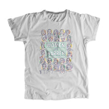 Load image into Gallery viewer, Platinum gray unisex t-shirt with the phrase "Women with Warren" outlined by 24 women's faces in yellow, purple, orange, and liberty green. "Women with Warren" is written in liberty green. (3987847970925) (7431931592893)