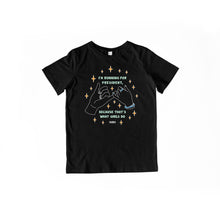 Load image into Gallery viewer, Youth-sized black T-Shirt with pinky promise hands and the words, I'm running for president, because that's what girls do, in liberty green lettering.  (4171471126637) (7432140423357)