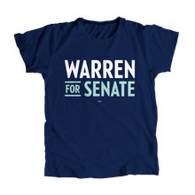 Load image into Gallery viewer, Navy unisex t-shirt with the Warren for Senate logo in white and liberty green (7456194363581)