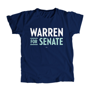 Navy unisex t-shirt with the Warren for Senate logo in white and liberty green (7456194363581)