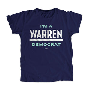 Navy unisex t-shirt with the phrase "I'm a Warren Democrat". Warren is the Warren logo in white and "I'm a" and "Democrat" are in liberty green the logo (1678474313837) (7431621542077)