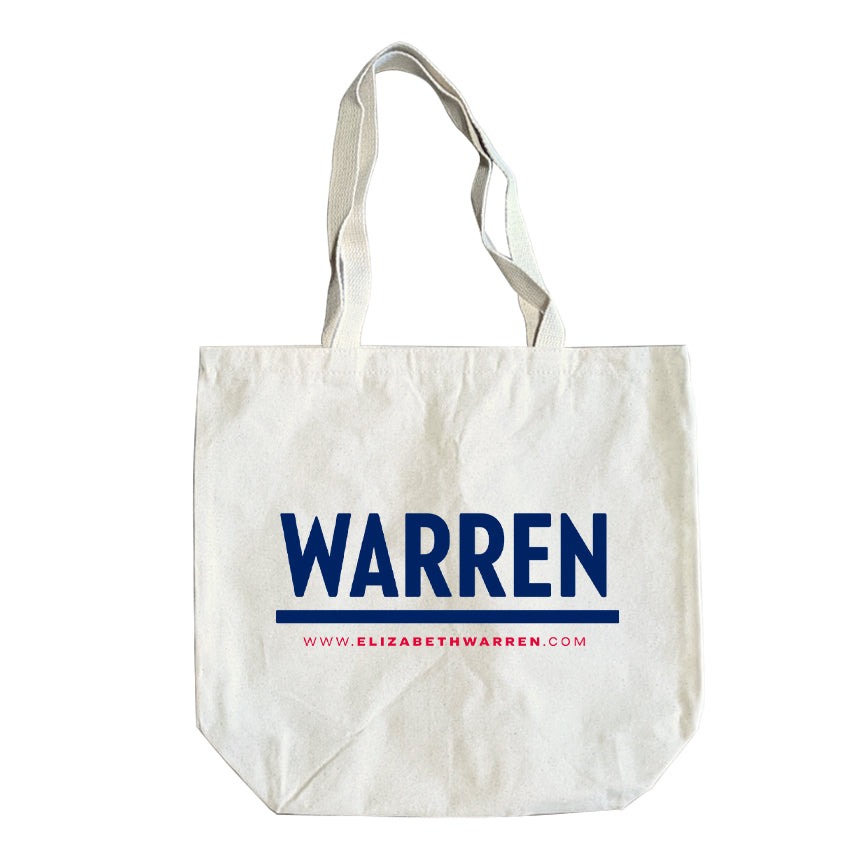 Natural colored tote with the WARREN logo in navy. (1506797355117) (7431922188477)