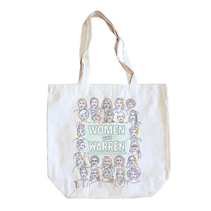 Natural colored tote with the phrase "Women with Warren" outlined by 24 women's faces in yellow, purple, orange, and liberty green. "Women with Warren" is written in liberty green. (3987856752749) (7431931658429)