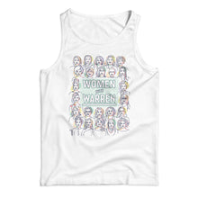 Load image into Gallery viewer, White unisex tank with the phrase "Women with Warren" outlined by 24 women's faces in yellow, purple, orange, and liberty green. "Women with Warren" is written in liberty green. (3987848691821) (7431930347709)