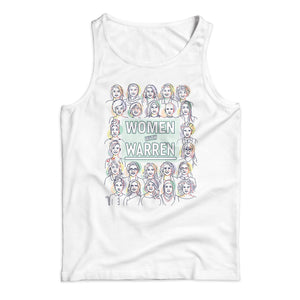 White unisex tank with the phrase "Women with Warren" outlined by 24 women's faces in yellow, purple, orange, and liberty green. "Women with Warren" is written in liberty green. (3987848691821) (7431930347709)