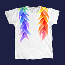 Load image into Gallery viewer, White unisex t-shirt with rainbow colored print around the collar.  (4201886089325)