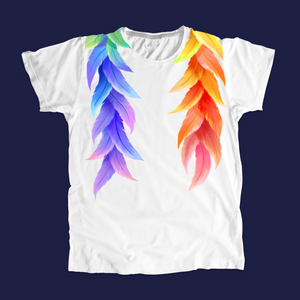 White unisex t-shirt with rainbow colored print around the collar.  (4201886089325)