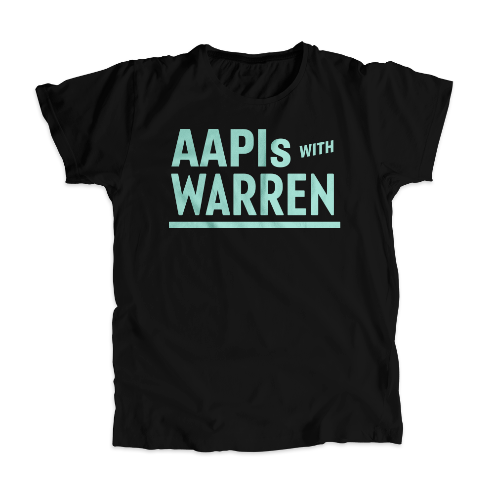 AAPIs with Warren Black Unisex T-shirt with Liberty Green type. (4455128137837) (7431624229053)