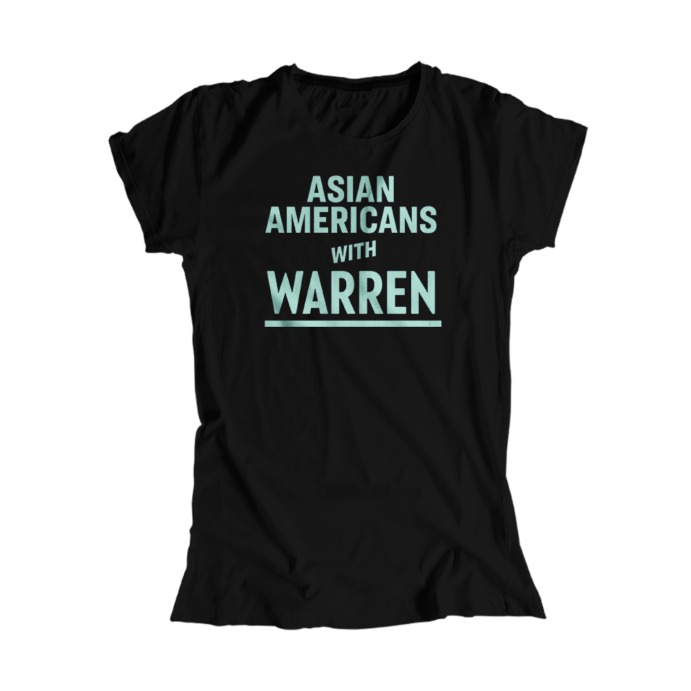 Asian Americans with Warren Black Fitted T-Shirts with Liberty Green type. (4465469685869) (7431678066877)
