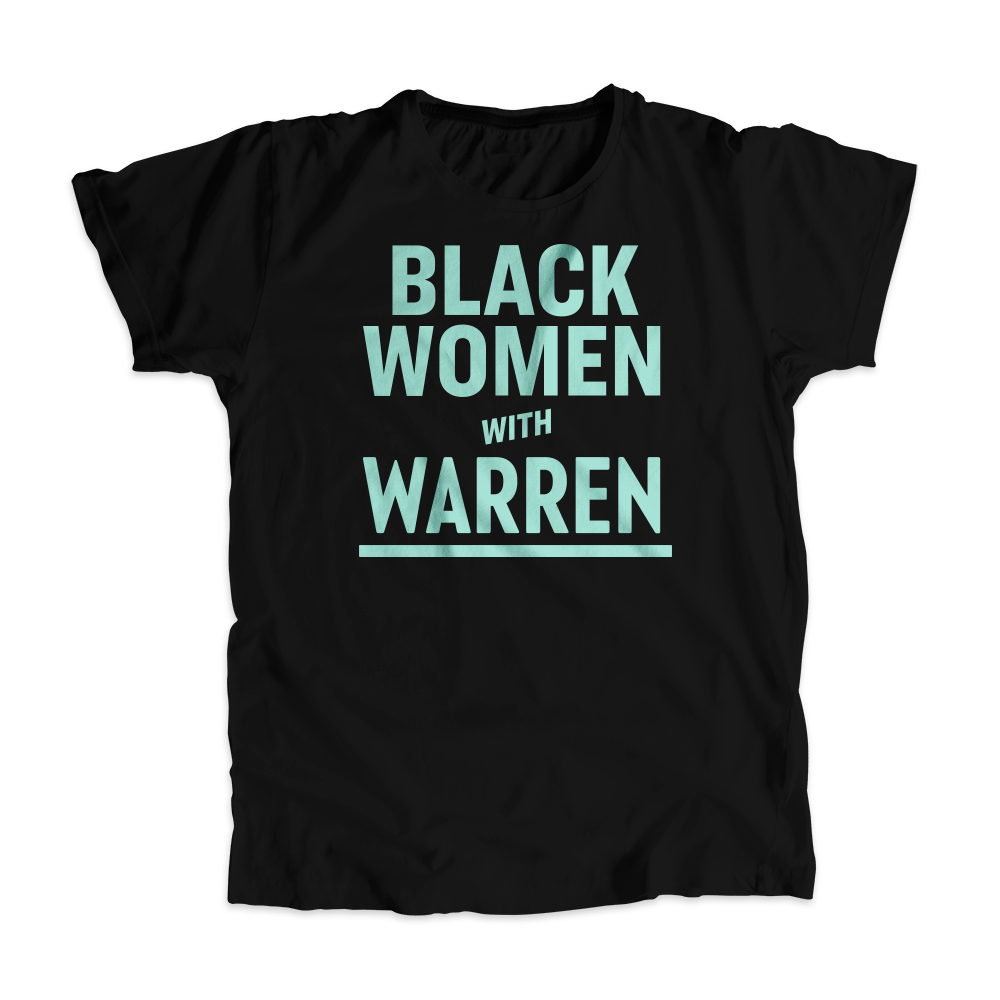 Black Women with Warren Black Unisex T-shirt with Liberty Green type. (4455135445101) (7431679803581)