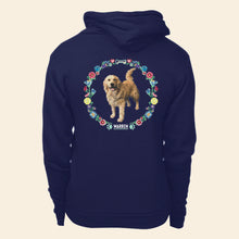Load image into Gallery viewer, Back view of hoodie featuring Bailey cross stitch style print.  (4421406851181) (7432803745981)