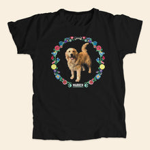 Load image into Gallery viewer, Black unisex t-shirt featuring a cross stitch style print of Bailey. (4421602279533) (7431678525629)