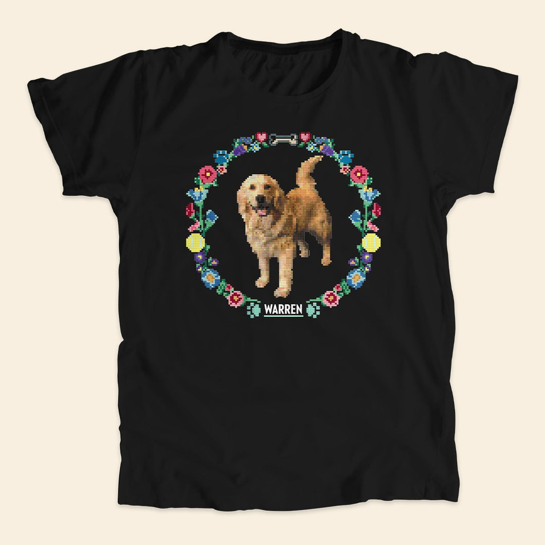 Black unisex t-shirt featuring a cross stitch style print of Bailey. (4421602279533) (7431678525629)